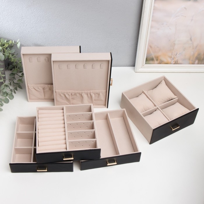 Шкатулка кожзам для украшений  Шкатулка кожзам для украшений "Комод с золотистыми ручками" черная 16,3х18х22,5 см