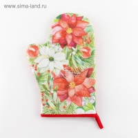 Новый год. Варежка-прихватка Christmas red flowers 20х28см, саржа, 100% хлопок, ватин 250г/м2