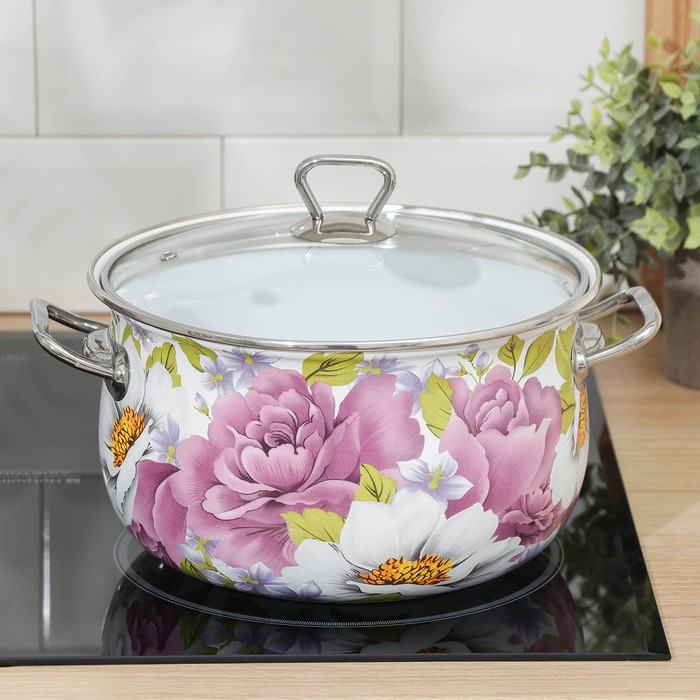 Кастрюля эмалированная «Пион», 5.1 л, стеклянная крышка, индукция Кастрюля эмалированная «Пион», 5.1 л, стеклянная крышка, индукция