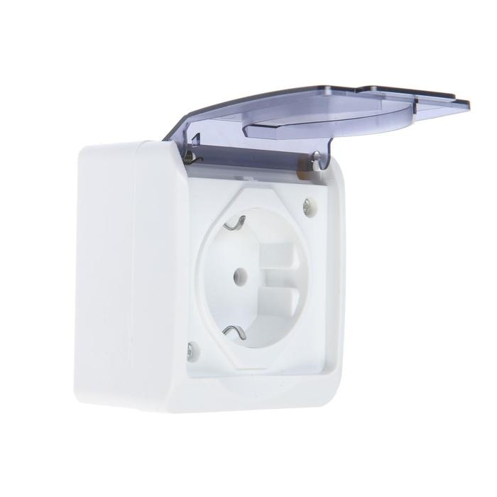 Розетка одноместная, 16 А, накладная, с з/к, IP 44, уличная, белая Розетка одноместная, 16 А, накладная, с з/к, IP 44, уличная, белая