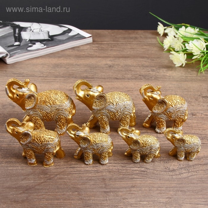 Сувенир полистоун Сувенир полистоун "Золотые слоны - корни деревьев" н-р 7 шт h=9;8,5;7,7;6,5;6,2;5,4;4,2 см