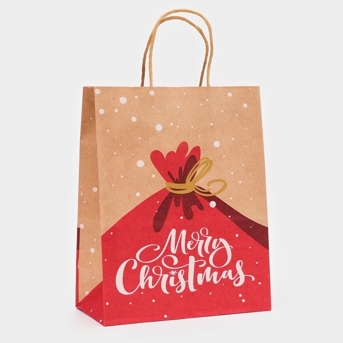 Новый год. Пакет бумажный подарочный новогодний крафт Новый год. Пакет бумажный подарочный новогодний крафт "Merry Cristmas", 27 х 21 х 11 см.