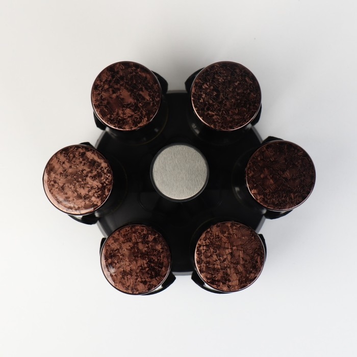 Набор стеклянных ёмкостей для специй на металлической подставке «Богема», 5,5×11 см, 6 шт, цвет коричневый Набор стеклянных ёмкостей для специй на металлической подставке «Богема», 5,5×11 см, 6 шт, цвет коричневый