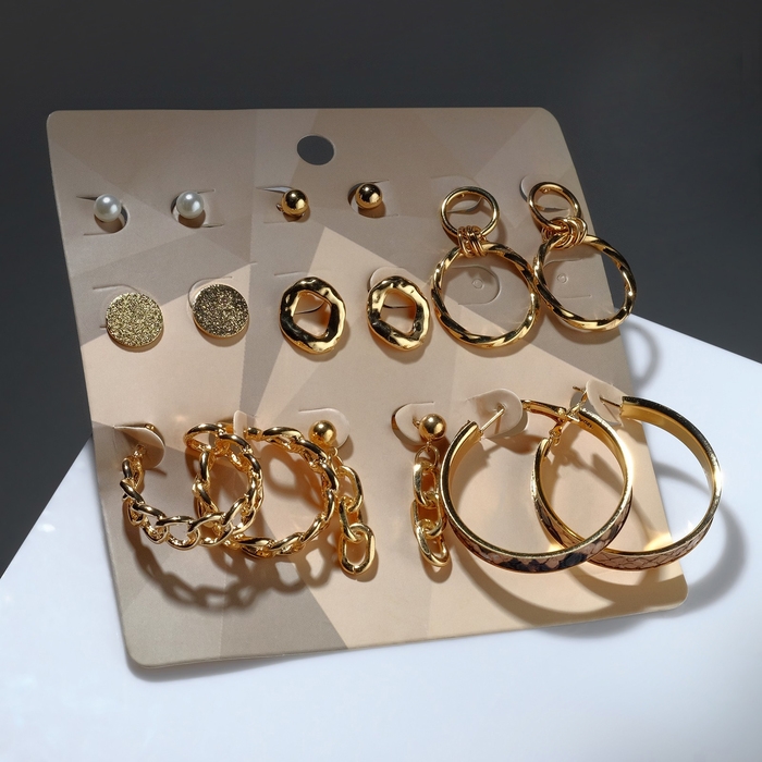 Серьги набор 8 пар «Цепи» змеиный рисунок, d=4, цвет золота Серьги набор 8 пар «Цепи» змеиный рисунок, d=4, цвет золота