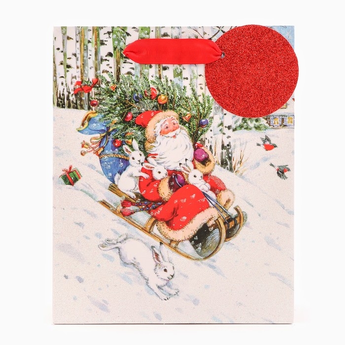 Новый год. Пакет подарочный  Новый год. Пакет подарочный "На санях", люкс, 18 х 22,3 х 10 см.