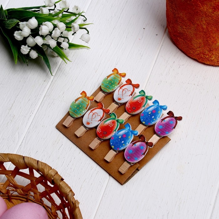Прищепки декоративные с верёвкой для подвеса «Пасхальные яйца» набор 10 шт. Прищепки декоративные с верёвкой для подвеса «Пасхальные яйца» набор 10 шт.