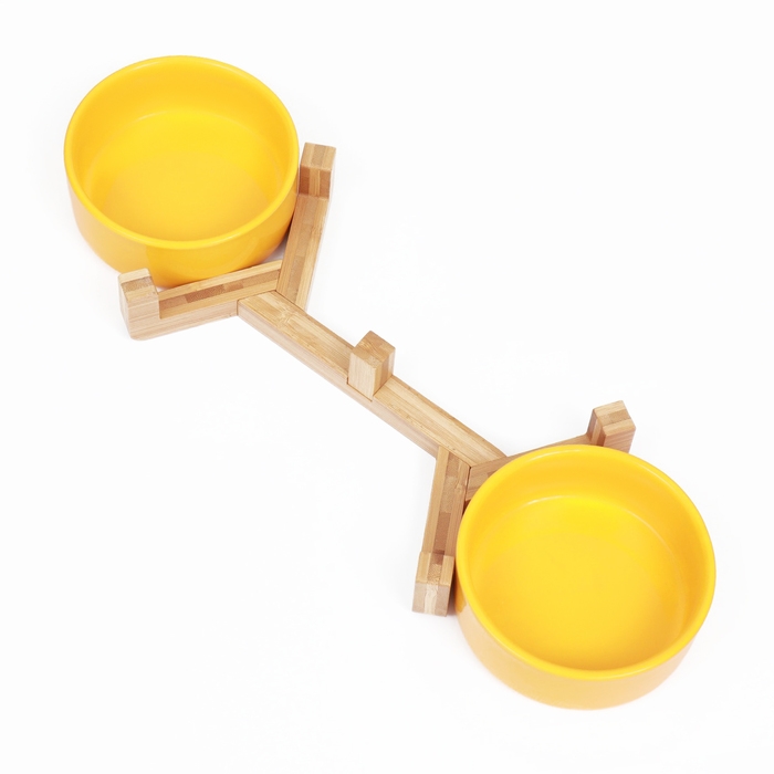 Миски керамические двойные на подставке 2 х 450 мл  28,5 х 15,5 х 7 см, жёлтая Миски керамические двойные на подставке 2 х 450 мл  28,5 х 15,5 х 7 см, жёлтая