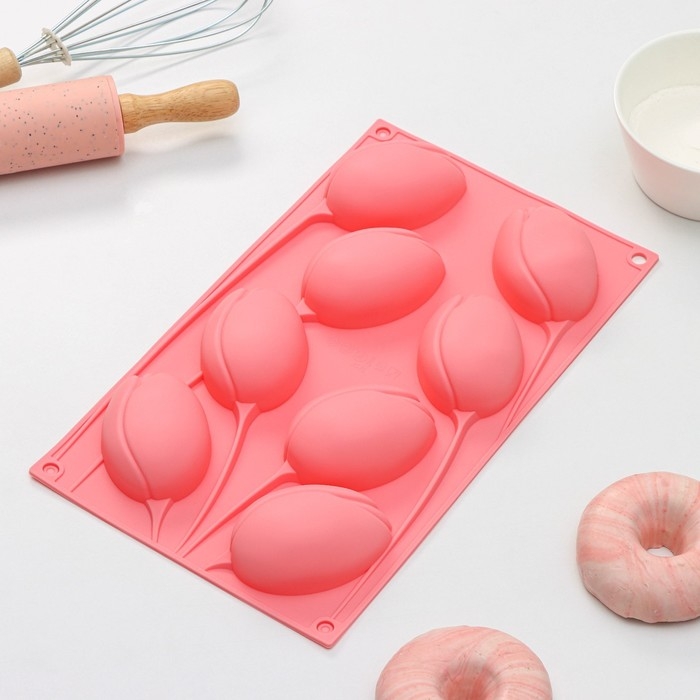 Форма для выпечки Доляна «Тюльпаны», силикон, 8 ячеек, 30×17,5×3 см, цвет розовый Форма для выпечки Доляна «Тюльпаны», силикон, 8 ячеек, 30×17,5×3 см, цвет розовый