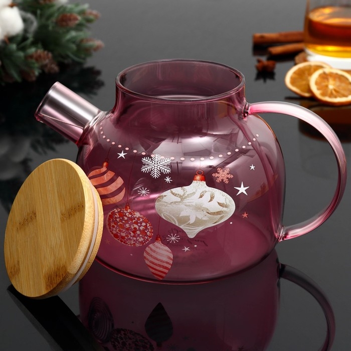Новый год. Чайник заварочный стеклянный с бамбуковой крышкой «Розовая сказка», 1000 мл Новый год. Чайник заварочный стеклянный с бамбуковой крышкой «Розовая сказка», 1000 мл