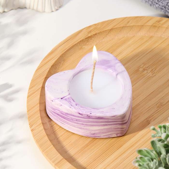 Свеча  Свеча "Сердце малое. Мрамор" в подсвечнике из гипса, 7х3см,мрамор с фиолетовыми полосками