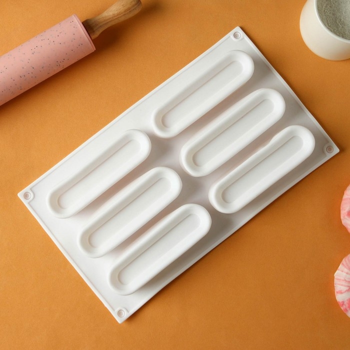 Форма для муссовых десертов и выпечки KONFINETTA «Венеция», силикон, 29,5×17×3 см, 6 ячеек, цвет белый Форма для муссовых десертов и выпечки KONFINETTA «Венеция», силикон, 29,5×17×3 см, 6 ячеек, цвет белый