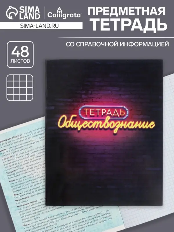 Тетрадь предметная 48 листов в клетку Calligrata, &laquo;Неон. Обществознание&raquo;, со справочным материалом, обложка мелованный картон, УФ-лак, блок офсет