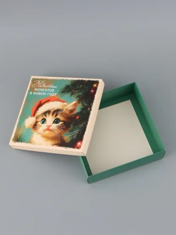Коробка подарочная &laquo;Котёнок&raquo;, новогодняя, с крышкой, 20&times;20&times;6 см, разноцветная