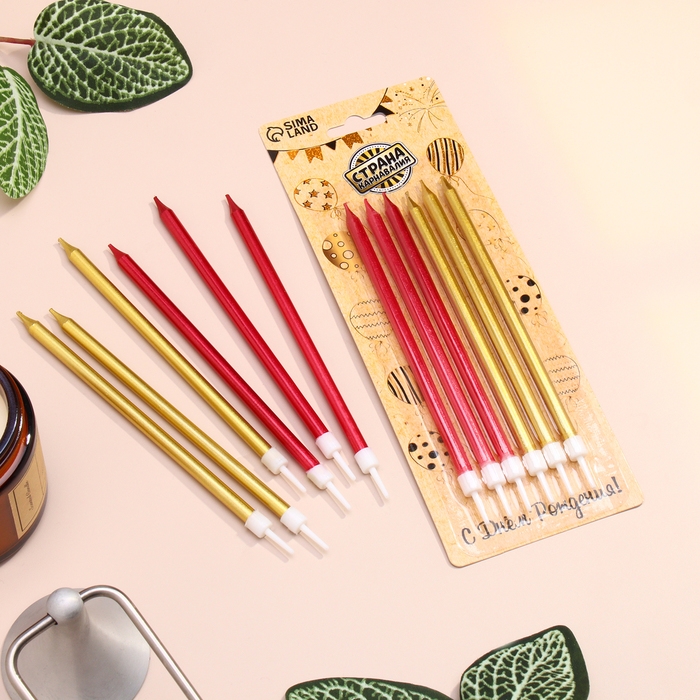 Свечи в торт  Свечи в торт "Ройс", 6 шт, высокие, 13 см, бордовые и золотые