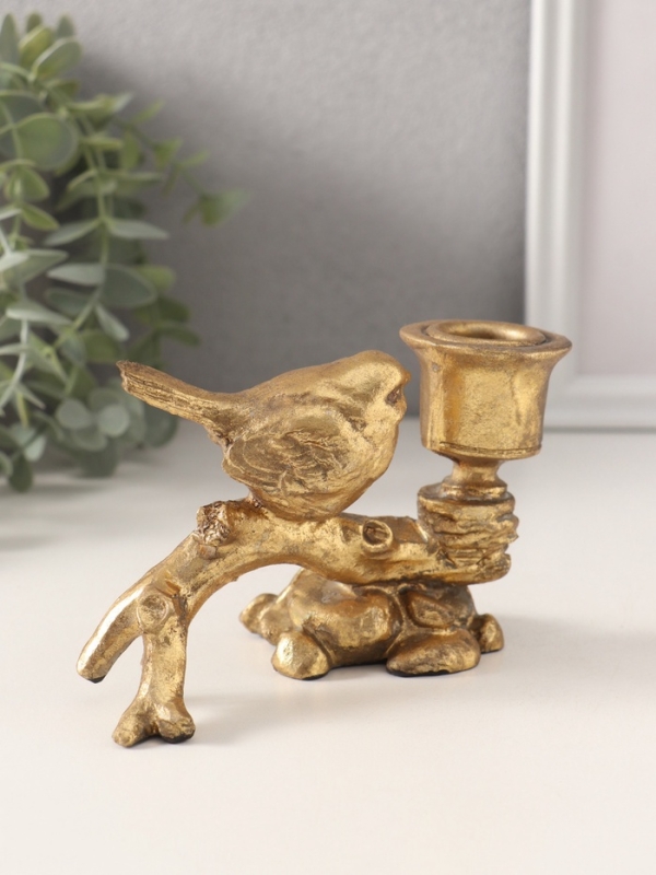 Подсвечник полистоун на 1 свечу "Воробышек на коряге" состаренное золото 14х6,5х8,8 см