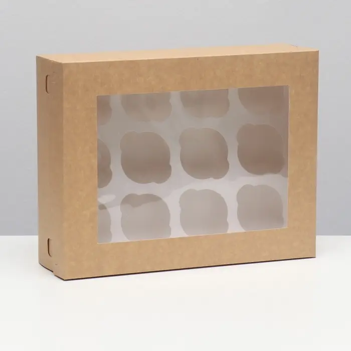 Коробка для 12 капкейков с окном, крафт, 32.5&times;25.5&times;10 см