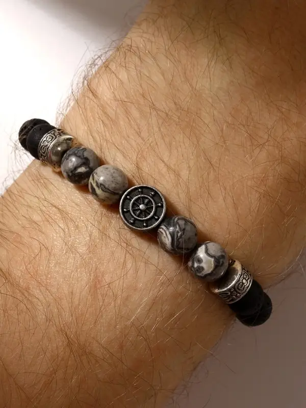 Браслет мужской &laquo;Бастион&raquo; штурвал, цвет чёрно-серый с серебром, d=7 см