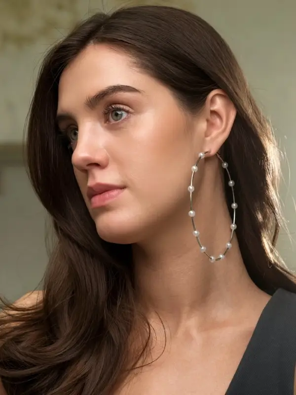 Серьги-кольца &laquo;Жемчуг&raquo;, d=10 см, №6, белые в серебре