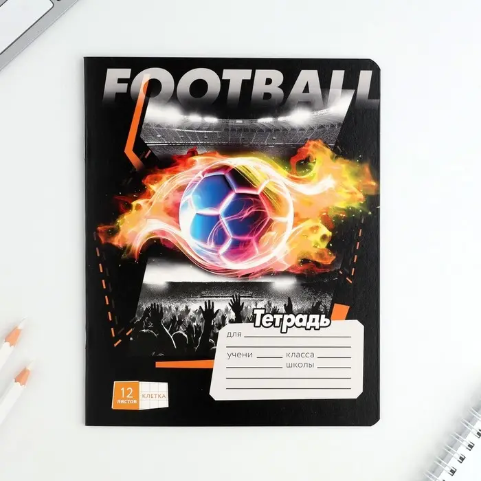 Тетрадь в клетку 12 листов А5, на скрепке &laquo;Футбол&raquo;, обложка мелованный картон, блок №1 белизна 96%, 5 видов МИКС