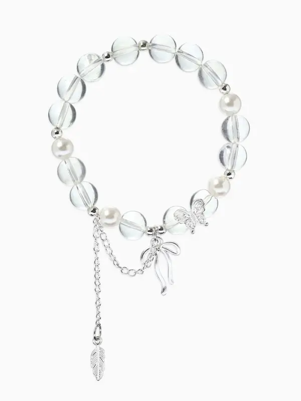 Браслет с подвесками &laquo;Сахарный. Перо и бант&raquo;, d=6 см, шар №10/8, белый радужный в серебре