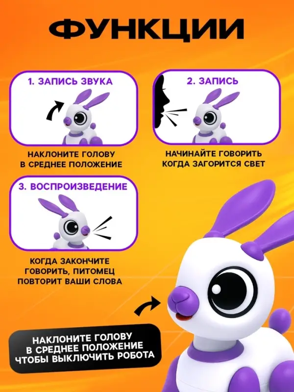 Робот кролик &laquo;Питомец&raquo; IQ BOT, интерактивный: с записью звуков, реагирует на хлопки, звук, свет, на батарейках, розовый