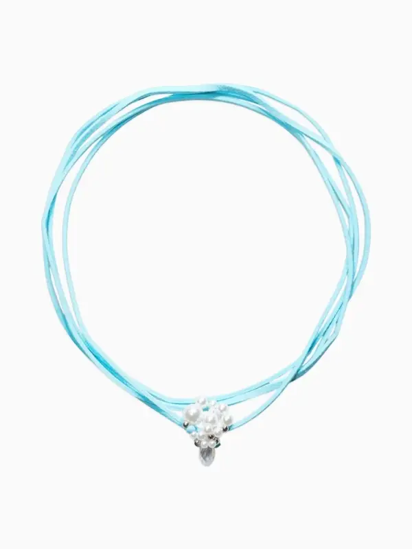 Чокер на нити с кулоном "Жемчуг с кристаллом" L=150см, цвет бело-голубой в серебре