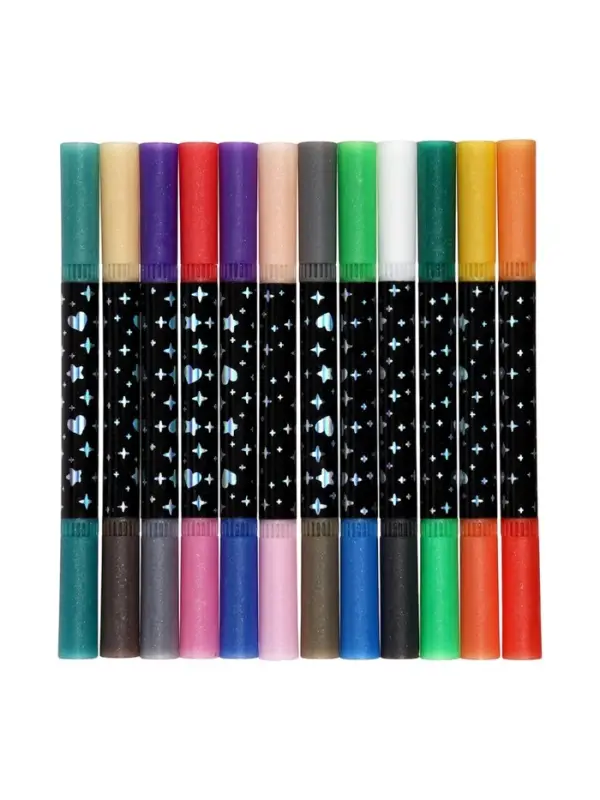 Фломастеры 12 штук, 24 цвета, с блёстками, двусторонние, в пластиковой коробке