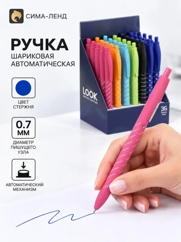 Ручка шариковая автоматическая 0.7 мм синяя масляная, Vinson корпус МИКС с рисунком, софт-тач