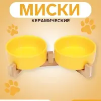 Миски двойные на подставке, 2&times;450 мл, 28.5&times;15.5&times;7 см, керамика, жёлтая