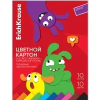 Картон цветной ErichKrause. Jolly Friends, А4, 10 цветов, 10 листов, мелованный, односторонний, глянцевый, на склейке