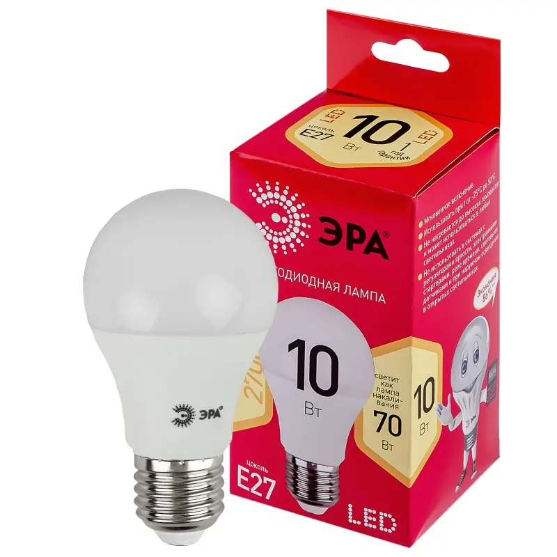 Лампа светодиодная LED 10 Вт 800Лм 2700К груша теплый E27 220-240В LED A60-10W-827-E27 Red Line
