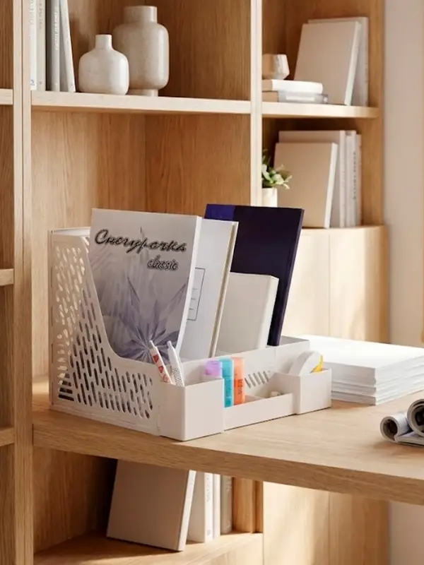 Лоток для бумаг Calligrata, А4, вертикальный, с отделениями для пишущих принадлежностей, 8 отделений, белый