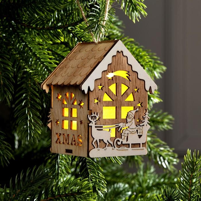 Ёлочная игрушка «Домик с Дедом Морозом на санках», от батареек, свечение тёплое белое Ёлочная игрушка «Домик с Дедом Морозом на санках», от батареек, свечение тёплое белое