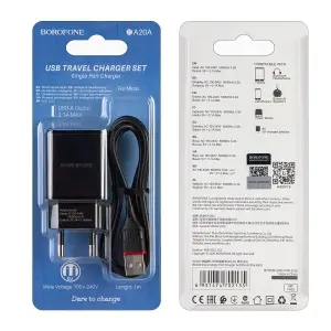 Сетевое зарядное устройство с кабелем USB на MicroUSB 2.1A BA20A черное