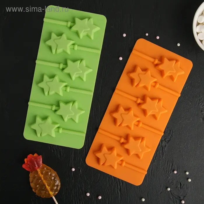 Форма для леденцов новогодний Доляна &laquo;Звёзды&raquo;, силикон, 24&times;11&times;1 см, 6 ячеек (5.2&times;4 см), с палочками, МИКС