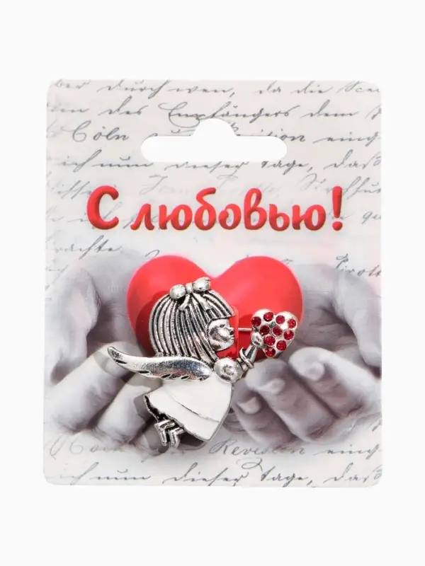 Брошь &laquo;Купидон&raquo;, девочка, красно-белая в чернёном серебре