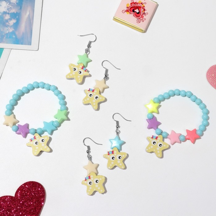 Набор детский «Выбражулька» 2 предмета: серьги, браслет, морские звёздочки, цвет МИКС Набор детский «Выбражулька» 2 предмета: серьги, браслет, морские звёздочки, цвет МИКС