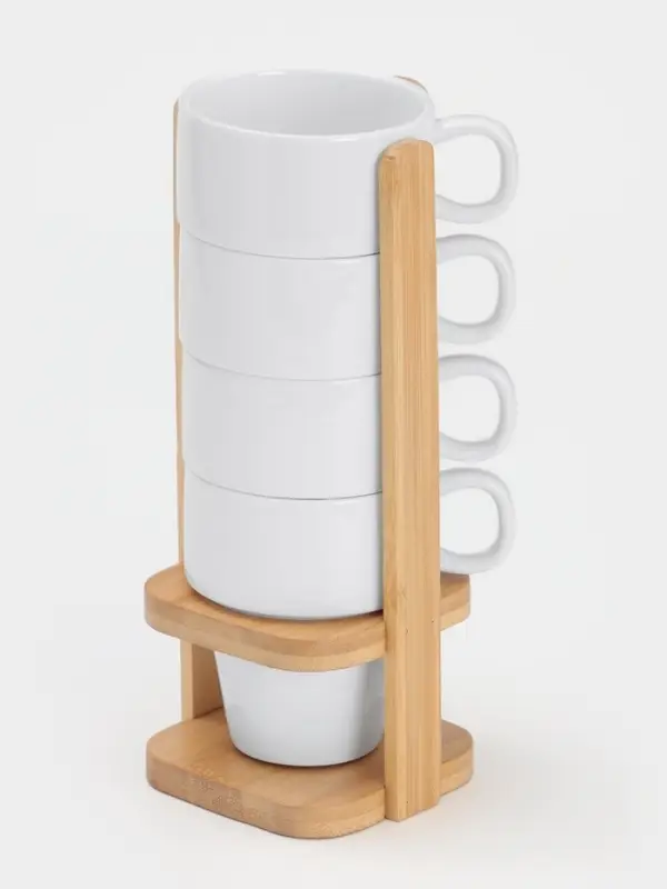 Набор кружек BellaTenero, 4 предмета: 200 мл, 9.6&times;7.3&times;8.8 см, на бамбуковой подставке, фарфор, белый