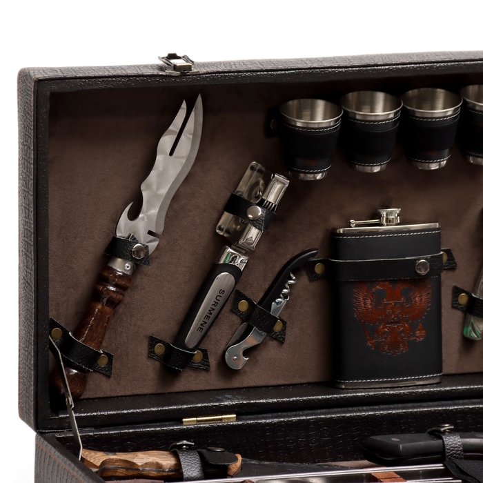 Набор с шампурами подарочный  Набор с шампурами подарочный "Охотник" №10, в кейсе из эко-кожи