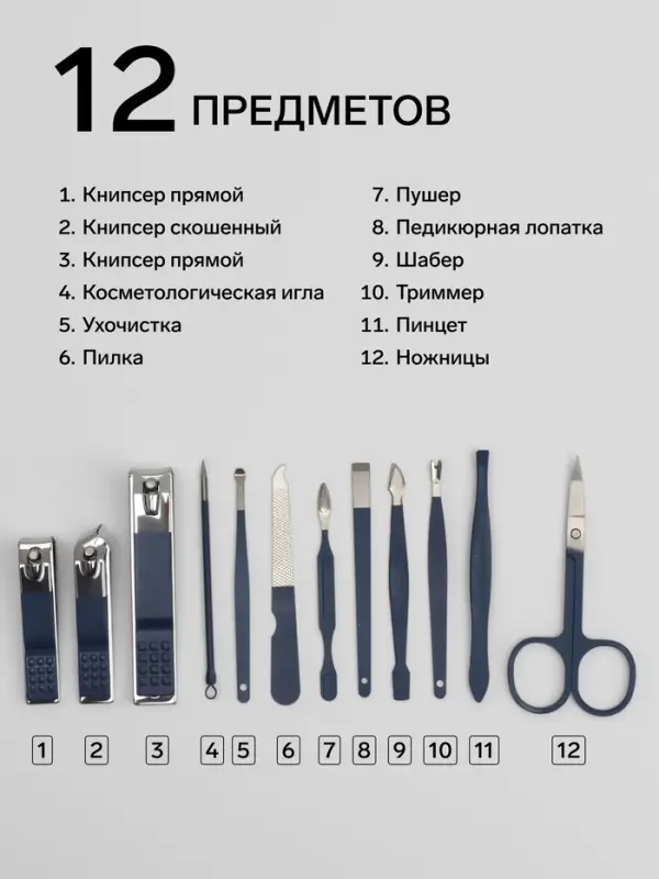 Набор маникюрный, 12 предметов, в футляре, синий