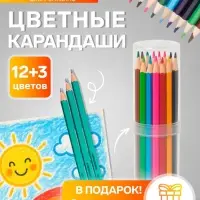 Карандаши Calligrata, цветные, 12 цветов, ЭКОНОМ, шестигранные, пластиковые, пенал-тубус и 3 чернографитных карандаша с ластиком в ПОДАРОК