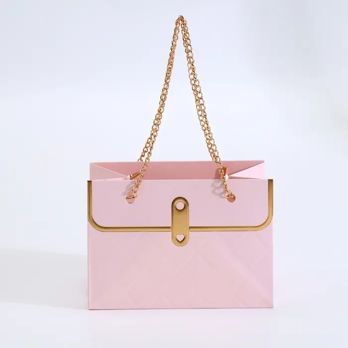 Пакет переноска для цветов, ручка цепь, &laquo;Розовый&raquo;, с золотым тиснением, 15&times;10.5&times;10 см