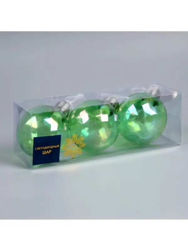 Набор ёлочных шаров &laquo;Акценты зелёного&raquo;, 3 шт., d=7 см, 3 LED, от батареек AG13&times;9, свечение тёплое белое