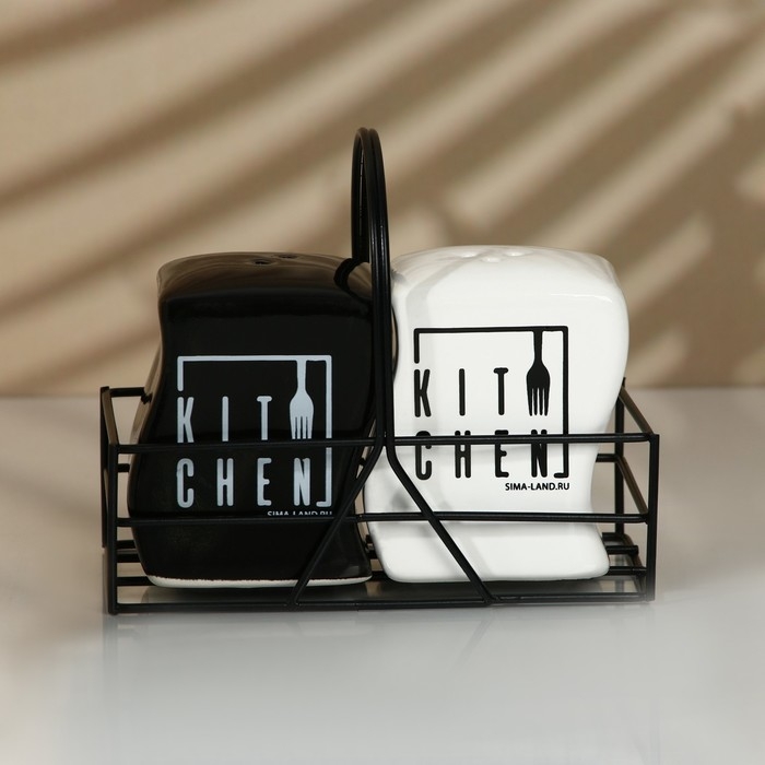 Набор керамический для специй на металлической подставке Kitchen, 2 шт, цвет белый-чёрный Набор керамический для специй на металлической подставке Kitchen, 2 шт, цвет белый-чёрный