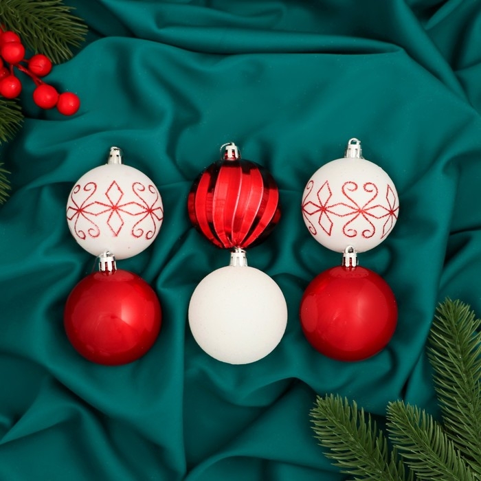 Набор шаров пластик d-6 см, 12 шт Набор шаров пластик d-6 см, 12 шт "Агнет" узоры, красно-белый