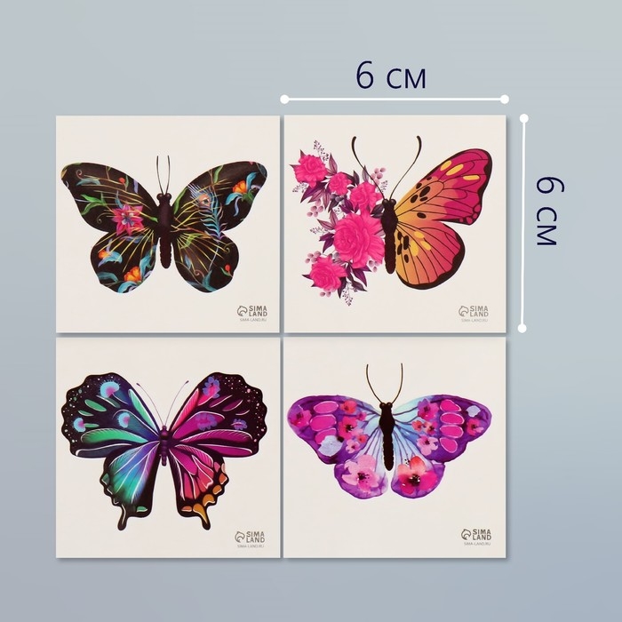 Татуировка на тело чёрная Татуировка на тело чёрная "Бабочки с цветами" набор 4 шт 6х6 см