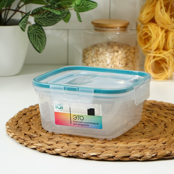 Набор контейнеров для продуктов с защёлкой, герметичная крышка, 3 шт: 400 мл, 800 мл, 1,5 л, прозрачные, крышка голубая Набор контейнеров для продуктов с защёлкой, герметичная крышка, 3 шт: 400 мл, 800 мл, 1,5 л, прозрачные, крышка голубая