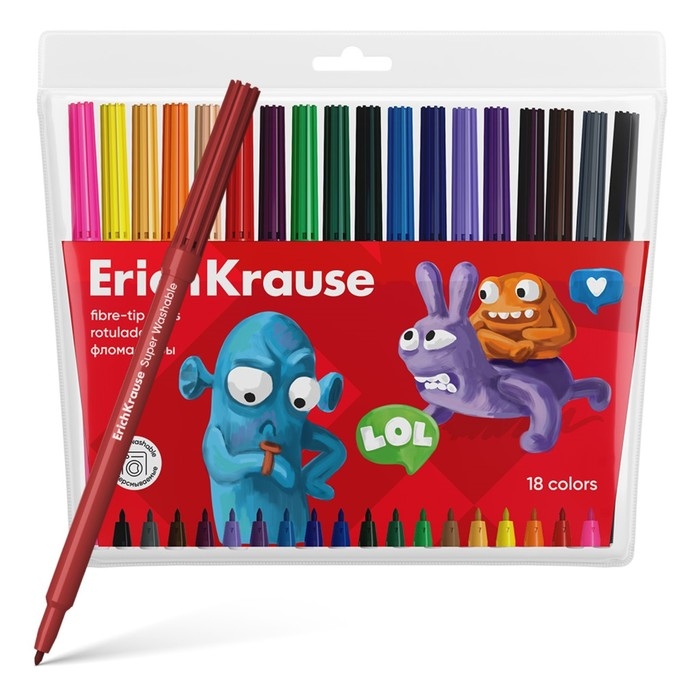 Фломастеры 18 цветов, ErichKrause, Jolly Friends Super Washable, вентелируемый колпачок, МИКС Фломастеры 18 цветов, ErichKrause, Jolly Friends Super Washable, вентелируемый колпачок, МИКС
