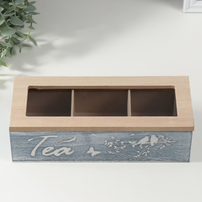 Шкатулка дерево 3 деления  Шкатулка дерево 3 деления "Птицы на ветке" синяя 9,7х24х7 см