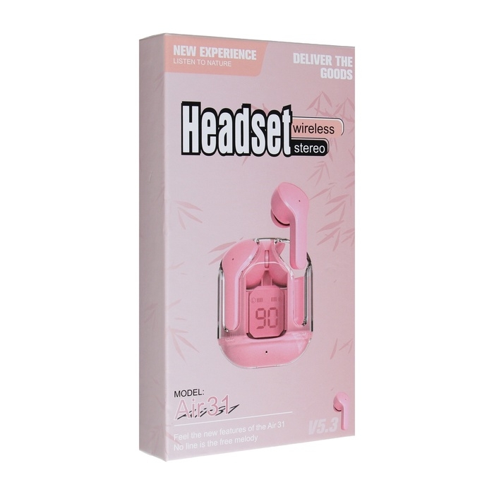 Наушники беспроводные Air31, TWS, вакуумные, BT 5.0, 45/230 мАч, прозрачные, розовые Наушники беспроводные Air31, TWS, вакуумные, BT 5.0, 45/230 мАч, прозрачные, розовые